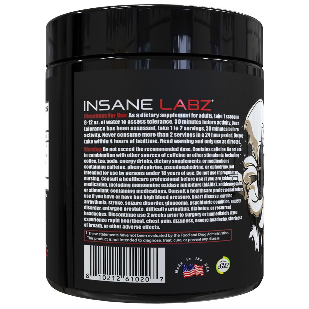 Insane Labz Psychotic Black Edition Mid Stimulant Pre Workout Powder, Energy Focus Pumps, Loaded with Creatine Beta Alanine Taurine Fueled by AMPiberry, 35 Servings (Blue Raspberry)