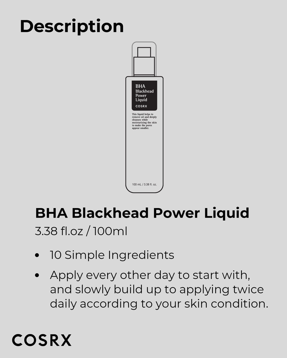COSRX Niacinamide 2% + BHA 4% Blackhead Exfoliant Korean Toner, 3.38fl.oz COSRX