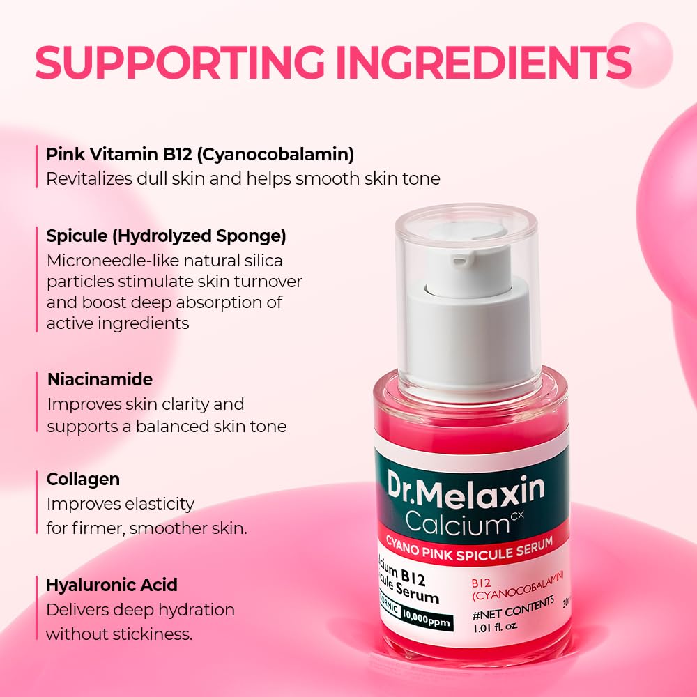Dr.Melaxin Cyano Pink Spicule Serum with Vitamin B12, Liquid Microneedle Facial Treatment for Enlarged Pores, Niacinamide for Texture Refining & Renewal, 1.01 fl.oz Dr.Melaxin