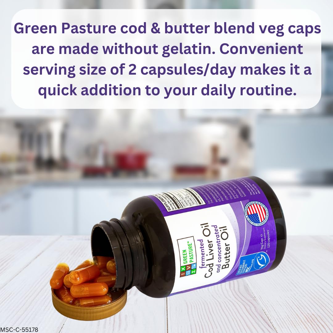 Green Pasture Fermented Cod Liver Oil & Butter Oil Blend - Wild Alaska Cod, Vitamins A & D, Omega-3-6-9, MSC Certified, 120 Capsules Green Pasture