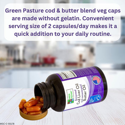 Green Pasture Fermented Cod Liver Oil & Butter Oil Blend - Wild Alaska Cod, Vitamins A & D, Omega-3-6-9, MSC Certified, 120 Capsules Green Pasture