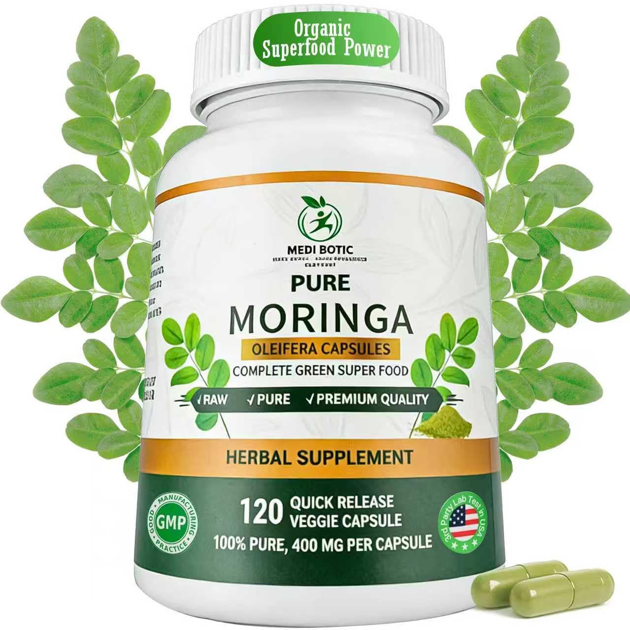 Moringa Capsules, Moringa Pure Capsules For Energy, Immune Support, Gut Health & Powerful Green Superfood, Rich In Antioxidants, Essential Vitamins & Amino Acids MEDI BOTIC