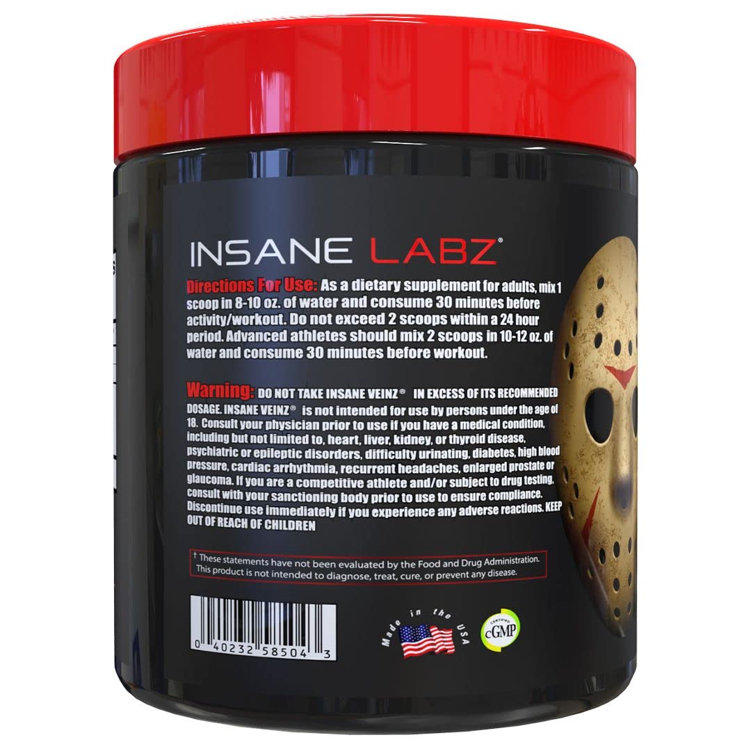 Insane Labz Insane Veinz Non Stimulant NO Enhancing Powder, Nitric Oxide Booster, Loaded with Agmatine Sulfate and Betaine Anhydrous, Increase Vascularity, 35 Srvgs, Fruit Punch