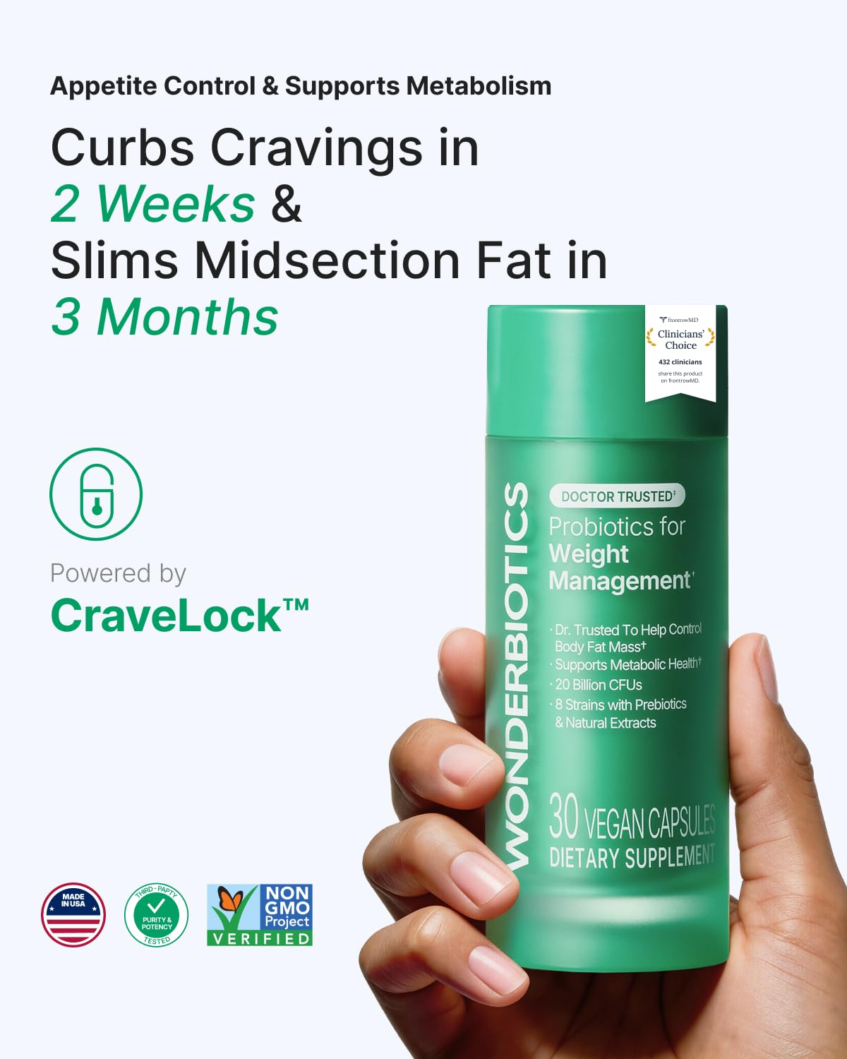 WonderBiotics Weight Management Probiotics for Women - Appetite Suppressant  + 8 Clinically Strains - Safe & Natural Loss, Belly Fat, No Side Effects - 30 CT WonderBiotics