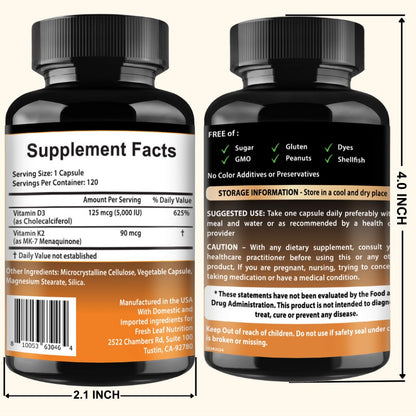 VITBOOST Vitamin D3 K2 Complex - Easy to Swallow - Vitamin D (D3) 5000 IU (125 mcg) & K2(MK-7) 90 mcg | Non-GMO | Gluten-Free VITBOOST