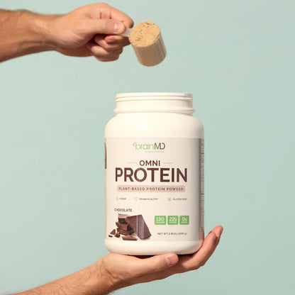 BRAINMD Dr Amen Omni Protein Chocolate - 2.38 lbs - Plant-Based Protein Powder - Promotes Energy & Exercise Recovery - Vegan, Vegetarian, Sugar Free, Gluten Free - 30 Servings