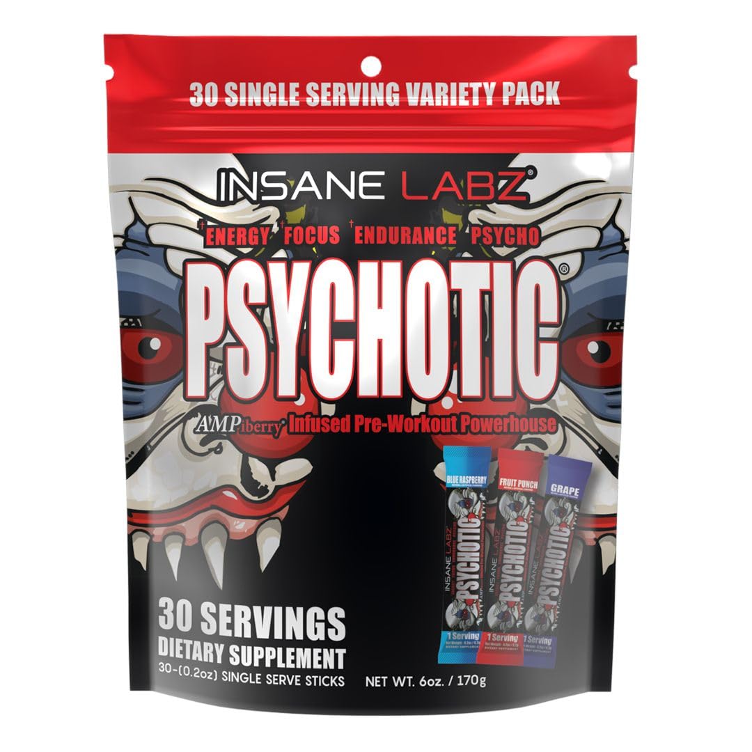 Insane Labz Psychotic, High Stimulant Pre Workout Powder, Extreme Lasting Energy, Focus and Endurance with Beta Alanine, Creatine Monohydrate DMAE, 35 Srvgs (Fruit Punch)