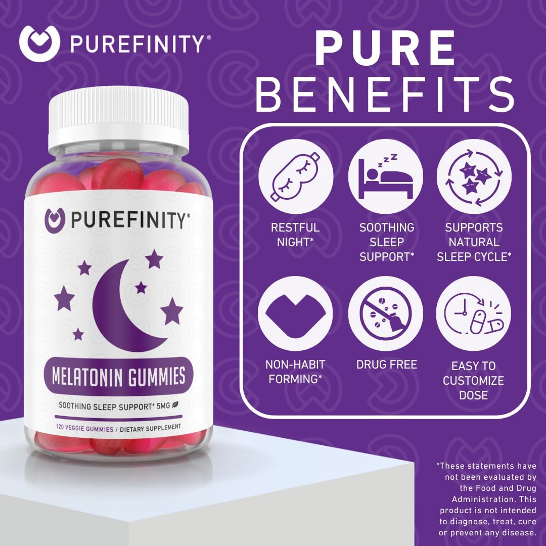 PUREFINITY Melatonin Gummies 5mg for Kids – Each Delicious Gummy is 2.5mg (2 Per Serving) for Easily Customizing Your Night, Gluten Free, Non-GMO, Vegan, 120 Count
