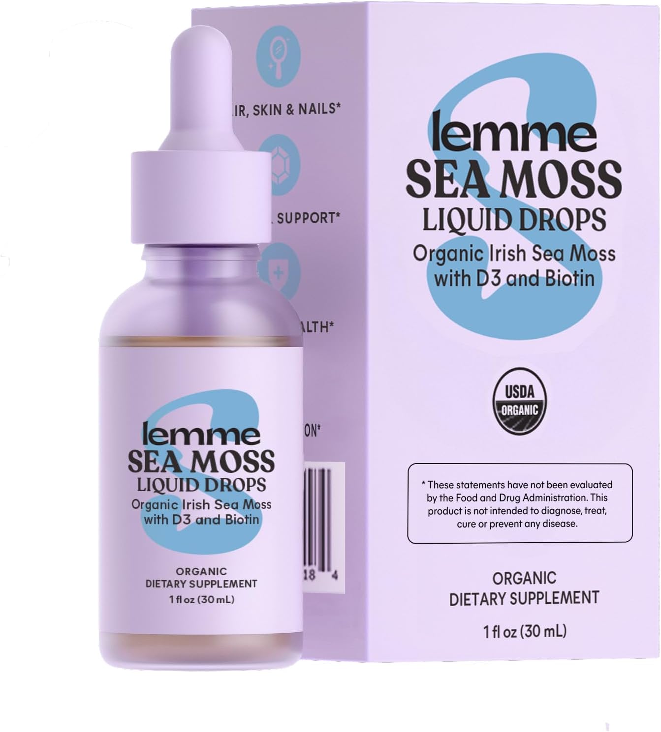 Lemme Irish Sea Moss Organic Liquid Drops with Vitamin D3 & Biotin, Thyroid, Immunity, Hair Skin & Nails & Brain Health Support, Trace Minerals, Sugar Free, 1 oz, 30-Day Supply