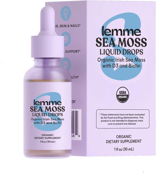 Lemme Irish Sea Moss Organic Liquid Drops with Vitamin D3 & Biotin, Thyroid, Immunity, Hair Skin & Nails & Brain Health Support, Trace Minerals, Sugar Free, 1 oz, 30-Day Supply