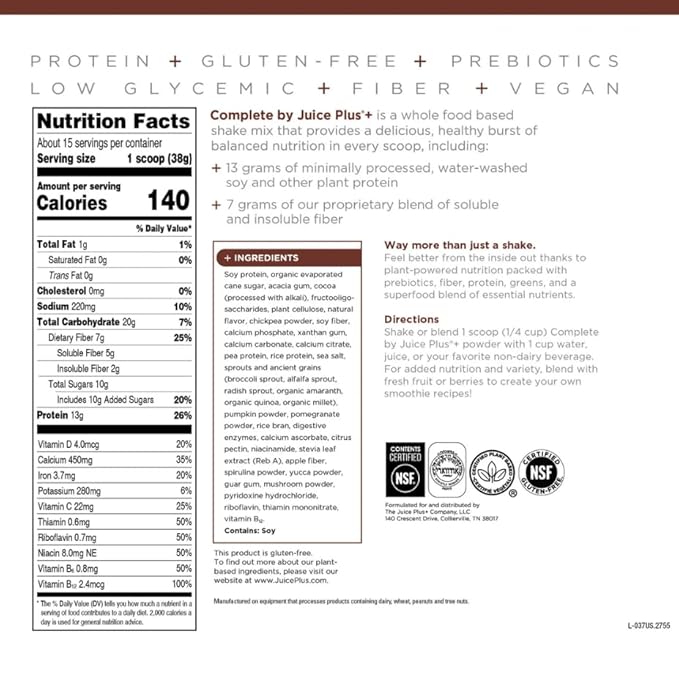 Complete by JuicePlus+ Dutch Chocolate Shakes - Plant-Based Nutrition - Whole Food Based Shake Powder with Protein, Fiber & Prebiotics - 30 Servings (2 Pouches, 15 Servings Each) Juice Plus+ buy australia supplements