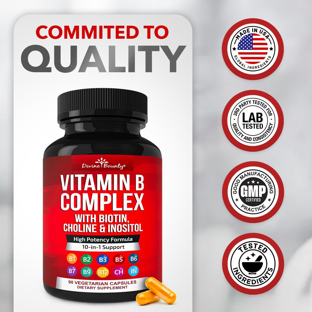 Divine Bounty Super B Complex Vitamins - All B Vitamins Including B12, B1, B2, B3, B5, B6, B7, B9, Folic Acid - Vitamin B Supplement Divine Bounty
