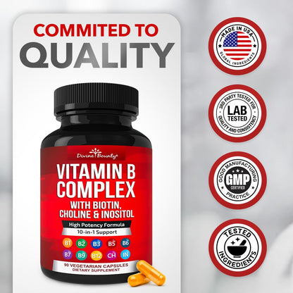 Divine Bounty Super B Complex Vitamins - All B Vitamins Including B12, B1, B2, B3, B5, B6, B7, B9, Folic Acid - Vitamin B Supplement Divine Bounty