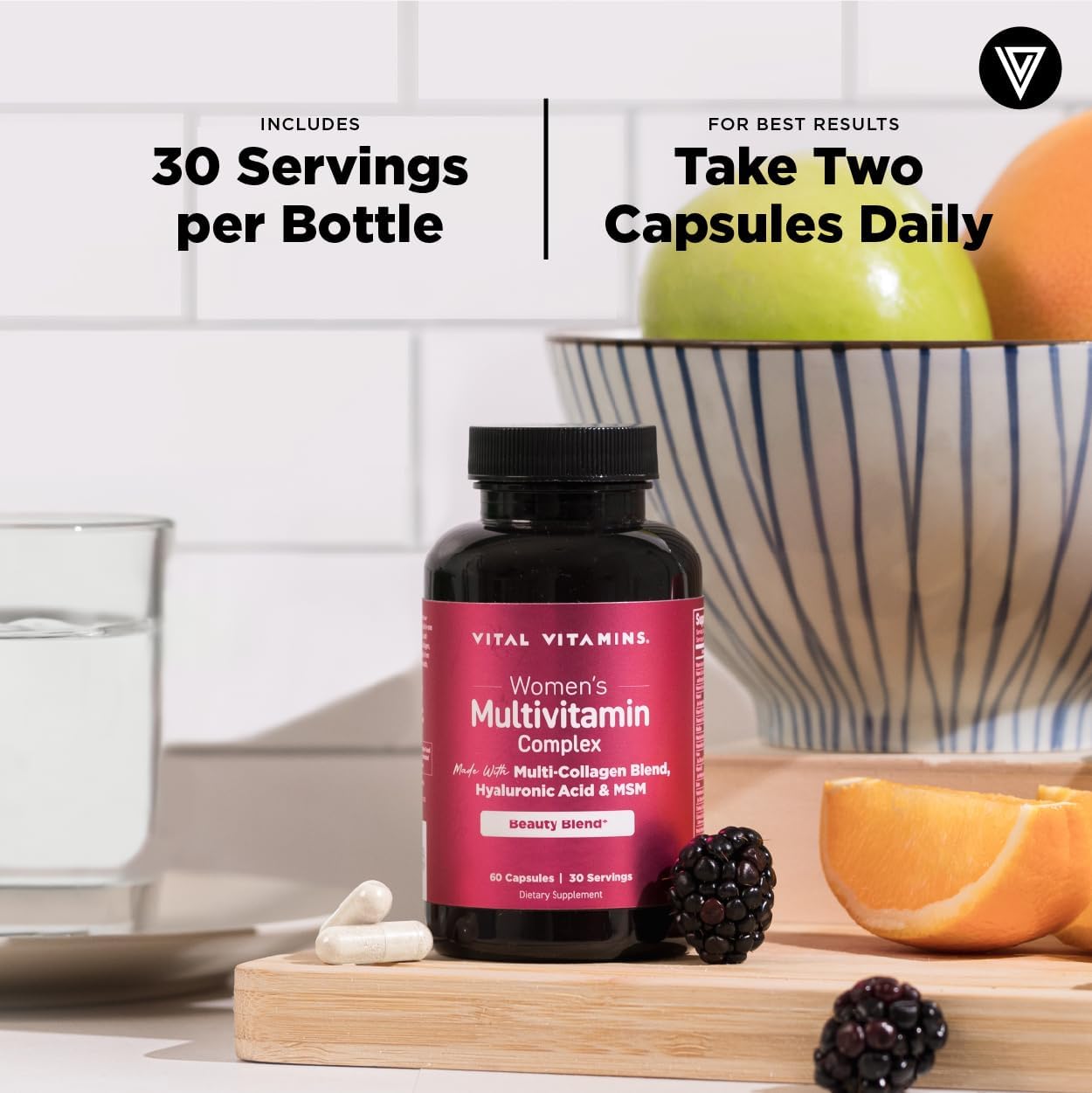 Vital Vitamins Women's Multivitamin Complex with Collagen & Hyaluronic Acid | 25 Vitamins and Minerals, Multi-Collagen Blend, Hyaluronic Acid & MSM for Hair, Skin & Nails, 60 Capsules Gsupps Australia