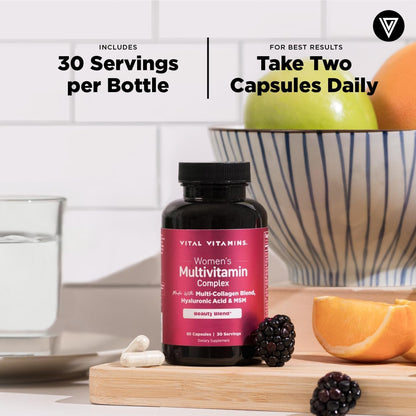 Vital Vitamins Women's Multivitamin Complex with Collagen & Hyaluronic Acid | 25 Vitamins and Minerals, Multi-Collagen Blend, Hyaluronic Acid & MSM for Hair, Skin & Nails, 60 Capsules Gsupps Australia