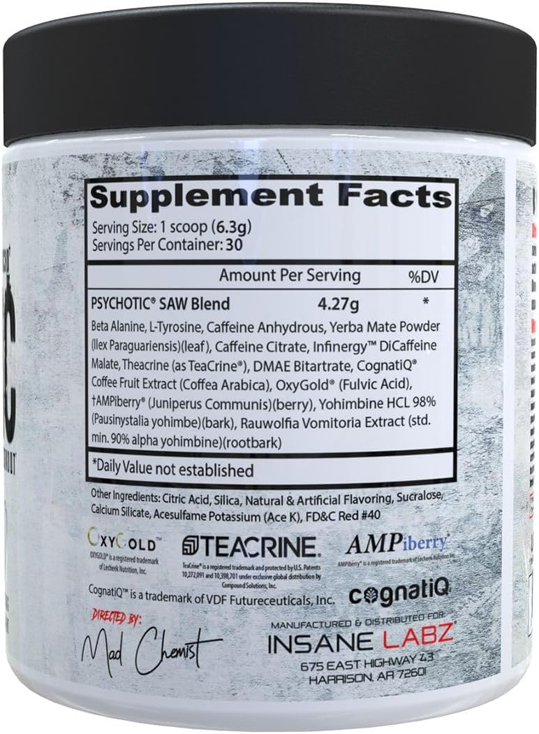 Insane Labz Psychotic Saw, High Stim Pre Workout Powder with OxyGold™ and AMPiberry®,Extreme Lasting Energy with Teacrine®,Focus with CognitIQ® and Endurance (30 Servings, Fruit Punch)