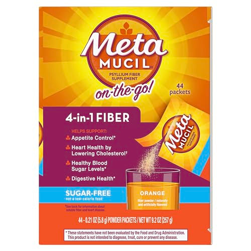 Metamucil On-the-Go Packets, Sugar-Free, 44 Packets, 4-in-1 Psyllium Husk Fiber Supplement, Orange Flavored, Individual Servings Great for Travel Metamucil
