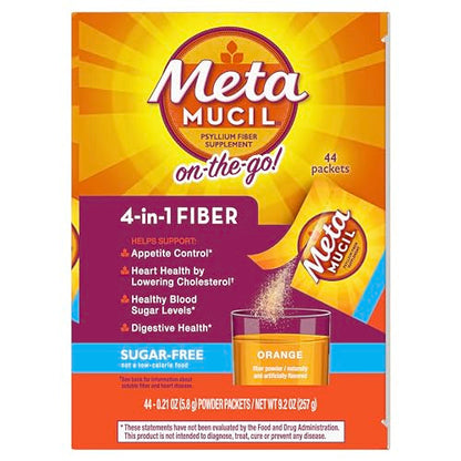 Metamucil On-the-Go Packets, Sugar-Free, 44 Packets, 4-in-1 Psyllium Husk Fiber Supplement, Orange Flavored, Individual Servings Great for Travel Metamucil
