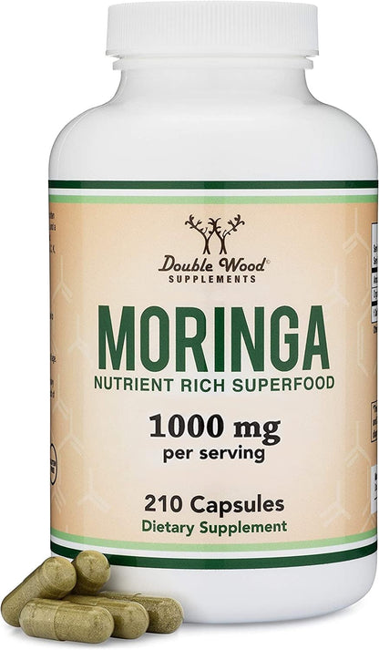 DWS Organic Moringa Capsules 1000mg - Pure Moringa Powder for Energy & Immune Support - Green Superfood Rich in Antioxidants Double Wood Supplements