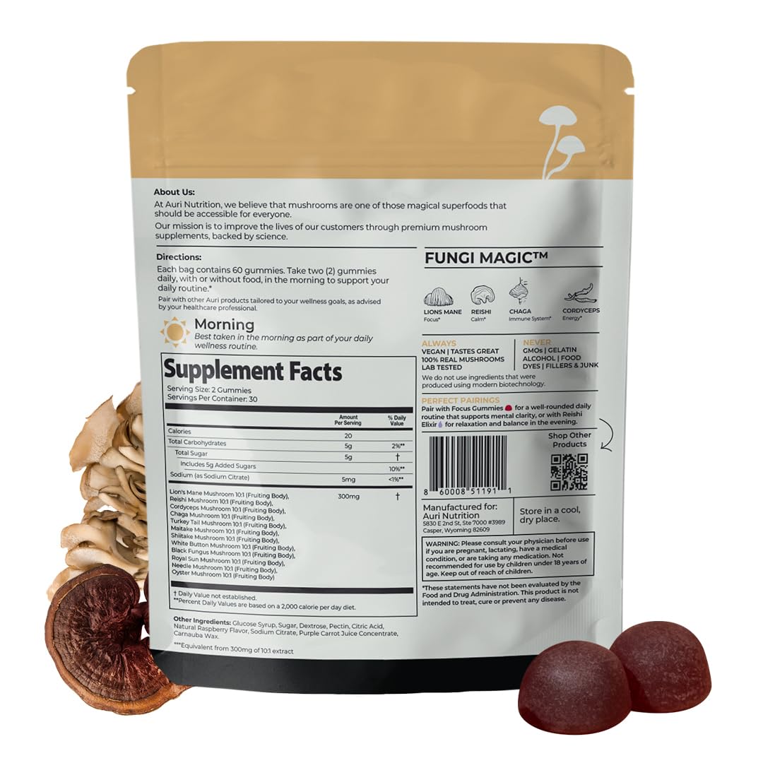 Auri Nutrition Super Mushroom Daily Gummies – All-in-One Functional Gummy with 12 Mushroom Blend Including Lion’s Mane Auri