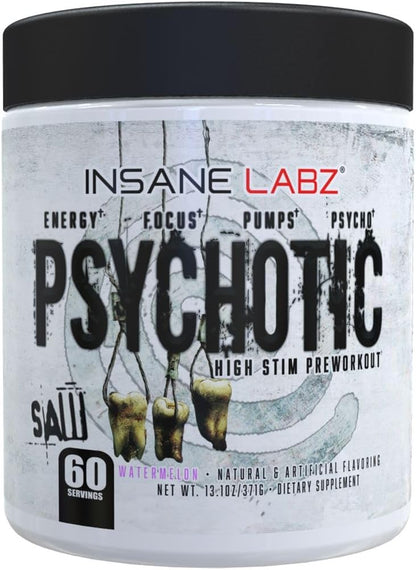 Insane Labz Psychotic Saw, High Stim Pre Workout Powder with OxyGold™ and AMPiberry®,Extreme Lasting Energy with Teacrine®,Focus with CognitIQ® and Endurance (60 Servings, Watermelon)