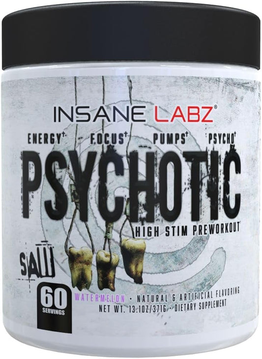Insane Labz Psychotic Saw, High Stim Pre Workout Powder with OxyGold™ and AMPiberry®,Extreme Lasting Energy with Teacrine®,Focus with CognitIQ® and Endurance (60 Servings, Watermelon)