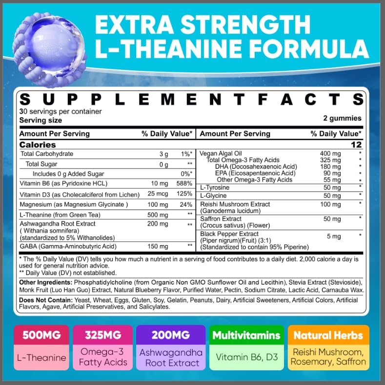 L Theanine Calm Gummies 500mg, Sugar-Free Liposomal L-Theanine Supplement, w/Safforn, Magnesium Glycinate, GABA, Ashwagandha, Algae Omega-3, Vitamin D3 B12 LILICARE