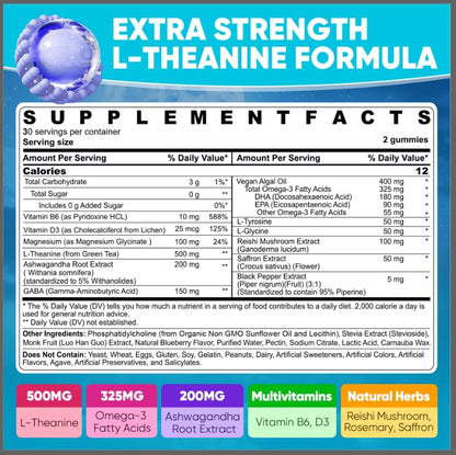 L Theanine Calm Gummies 500mg, Sugar-Free Liposomal L-Theanine Supplement, w/Safforn, Magnesium Glycinate, GABA, Ashwagandha, Algae Omega-3, Vitamin D3 B12 LILICARE