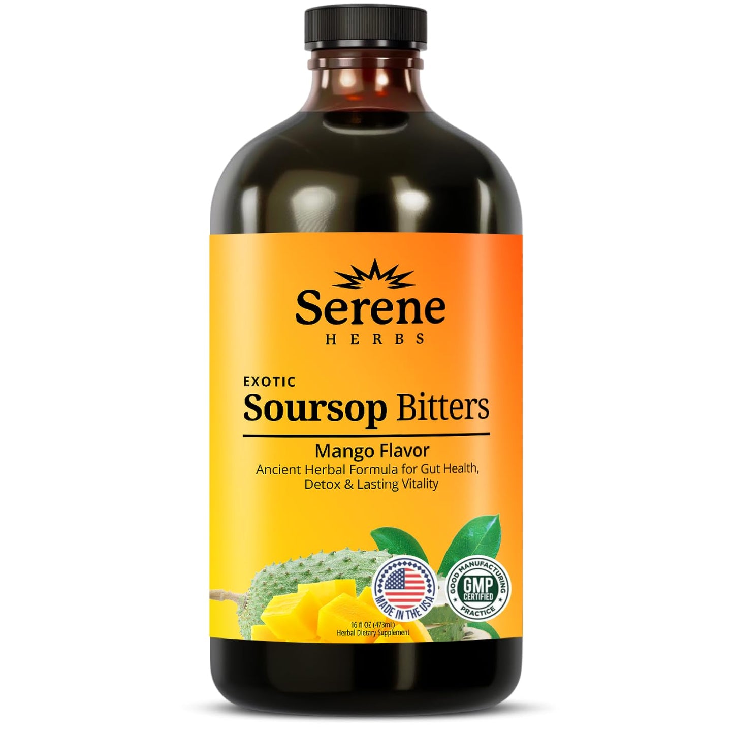 Serene Herbs Soursop Bitters Liquid with Soursop Leaves for Gut Cleanse, Detox & Immune Boost with Black Seed, Moringa, Irish Moss, Ashwaganda, Turmeric, 16 fl oz (16 Fl, Soursop)