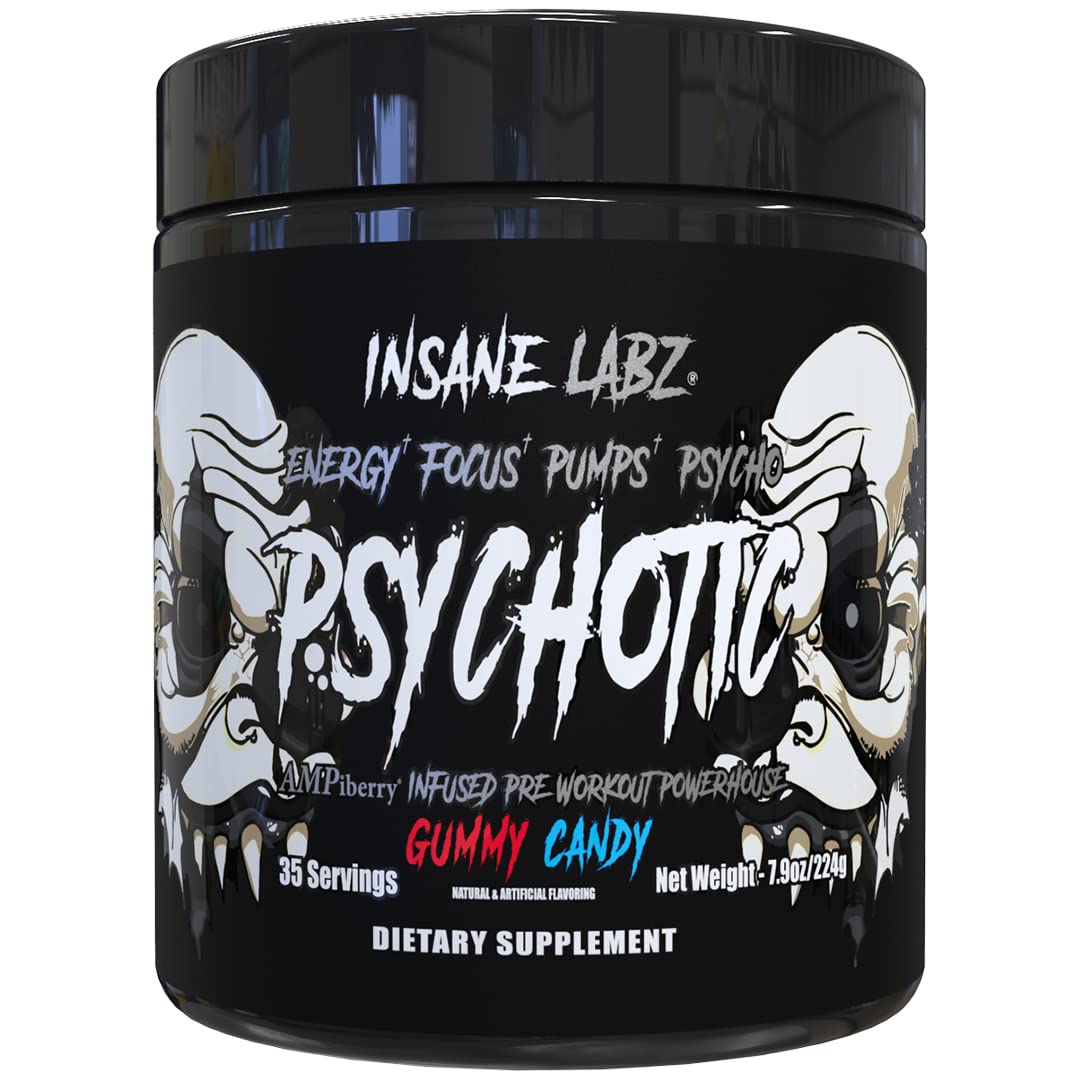 Insane Labz Psychotic Black Edition Mid Stimulant Pre Workout Powder, Energy Focus Pumps, Loaded with Creatine Beta Alanine Taurine Fueled by AMPiberry, 35 Servings (Blue Raspberry)
