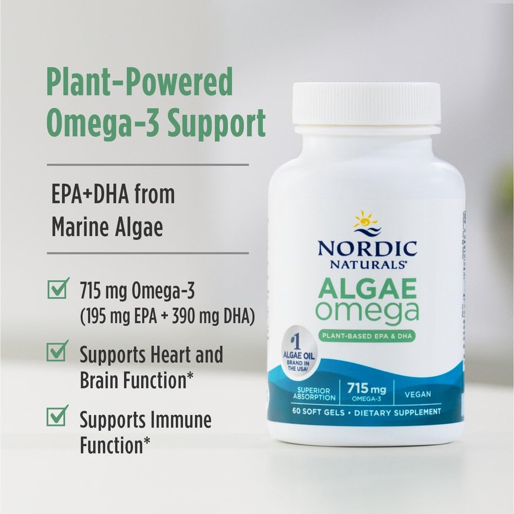Nordic Naturals Algae Omega - 120 Soft Gels - 715 mg Omega-3 - Certified Vegan Algae Oil - Plant-Based EPA & DHA - Heart, Eye Nordic Naturals