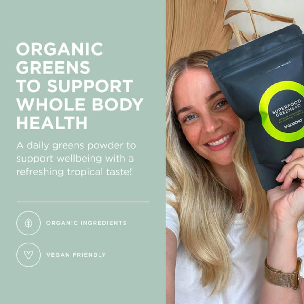 Tropeaka Superfood Greens + D - Antioxidant Green Powder for Energy, Immune System, & Gut Health, Rich in Chlorophyll & Essential Nutrients, Vitamin D, Vegan, Gluten Free, Non-GMO - 7oz (20 Servings) Tropeaka buy australia supplements