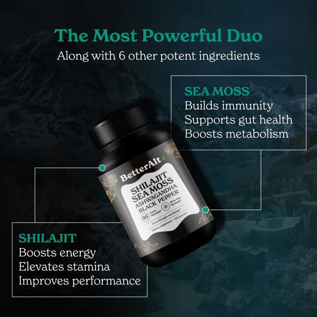 Better Alt Shilajit Sea Moss Capsules Pack of 2 with Ashwagandha & Black Pepper Extract with 85+ Essential Minerals & Antioxidants| Boosts Energy & Metabolism - 120 Servings, 240 Capsules Better Alt buy australia supplements