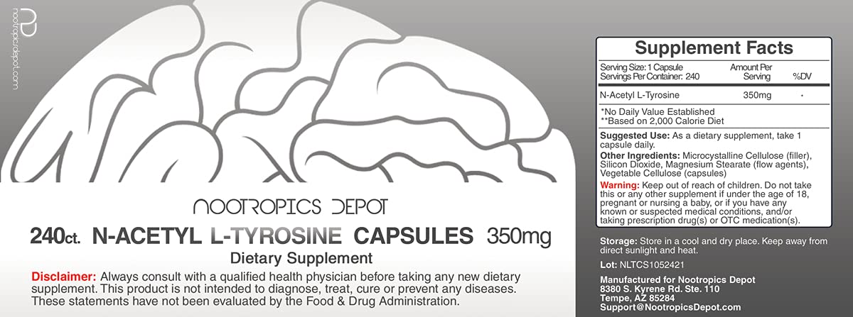 Nootropics Depot N-Acetyl L-Tyrosine Capsules | 350mg | 120 Count | NALT | Amino Acid Supplement | Natural Supplement | Supports Memory, Learning, Focus, Healthy Stress Levels