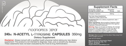 Nootropics Depot N-Acetyl L-Tyrosine Capsules | 350mg | 120 Count | NALT | Amino Acid Supplement | Natural Supplement | Supports Memory, Learning, Focus, Healthy Stress Levels