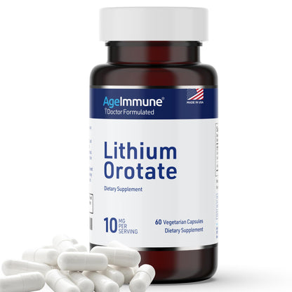 Lithium Orotate 10mg per Capsule - 60 Vegetarian Capsules. Memory and Emotional Wellness Support - Magnesium Stearate Free AgeImmune