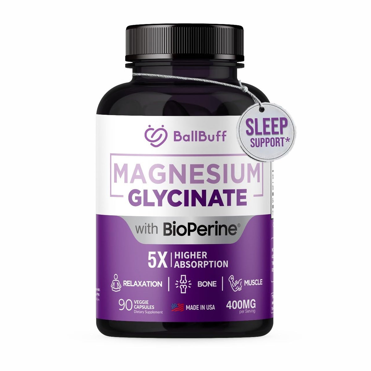 Pure Magnesium Glycinate 400mg - 5X Higher Absorption - Support Stress Relief, Sleep, Bone Health - 100% Chelated - Pure Magnesium Supplement BallBuff