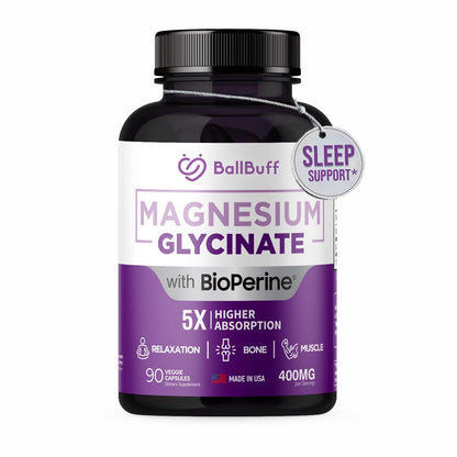 Pure Magnesium Glycinate 400mg - 5X Higher Absorption - Support Stress Relief, Sleep, Bone Health - 100% Chelated - Pure Magnesium Supplement BallBuff