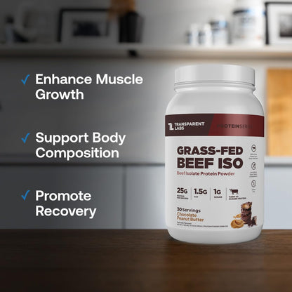 Transparent Labs Grass-Fed Beef Isolate Protein Powder – Naturally Flavored, Dairy-Free Protein with 25g of Protein per Serving for Increased Recovery & Strength - 30 Servings, Chocolate Peanut Butter