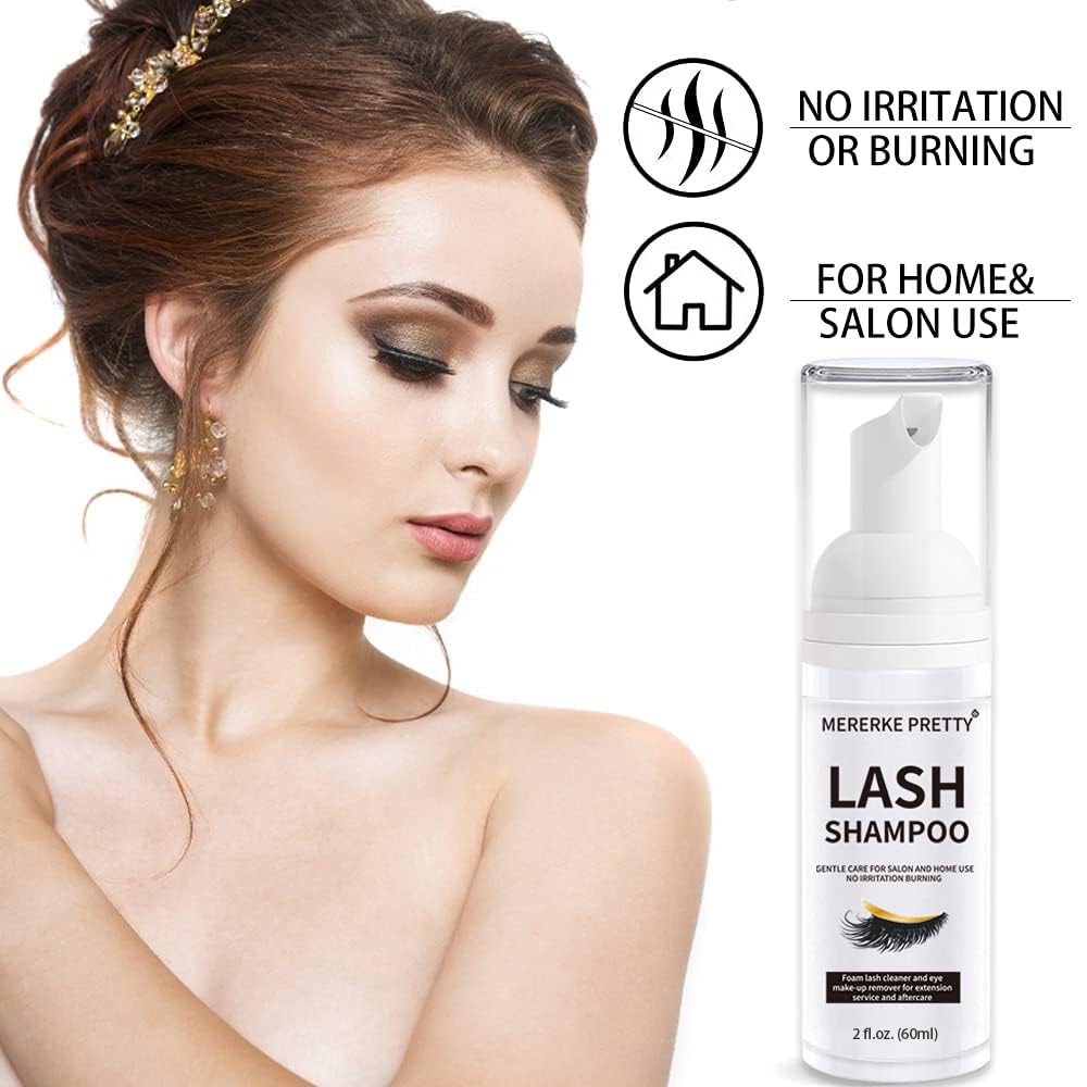 Mererke_Pretty Eyelash Extension Shampoo 60 ml + Brush - Eyelid Foaming Cleanser - Sensitive Paraben & Sulfate Free - Eyelash Wash and Lash Bath for Extensions - Salon Use and Home Care Mererke_Pretty