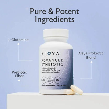 Alaya Naturals Advanced Synbiotic - Probiotic + Prebiotic - 14 Billion CFU Delayed Release Probiotic Supplement with Prebiotics from Sunfiber®, and L-glutamine for Gut Lining Integrity - 60 Capsules Alaya Naturals