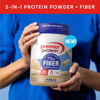 Premier Protein Powder Plus Fiber, Vanilla, 25g Protein, 7g Fiber to Support Gut Health, No Added Sugar (17 Servings) Premier Protein