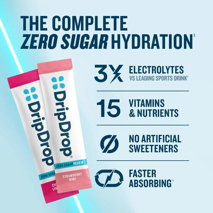 DripDrop Zero Sugar Plus - Sugar Free Hydration Packets - Single Serve Electrolytes Powder Drink Mix - Strawberry Kiwi, Peach, Cherry Limeade, Wild Berry DripDrop