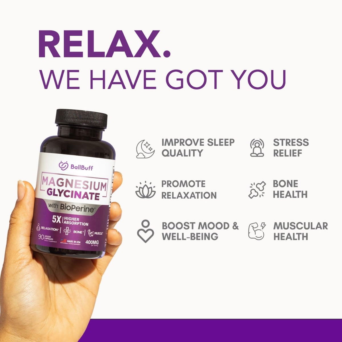 Pure Magnesium Glycinate 400mg - 5X Higher Absorption - Support Stress Relief, Sleep, Bone Health - 100% Chelated - Pure Magnesium Supplement BallBuff