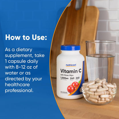 Nutricost Vitamin C with Rose Hips 1025mg, 240 Capsules - Vitamin C 1,000mg, Rose Hips 25mg, Premium Nutricost