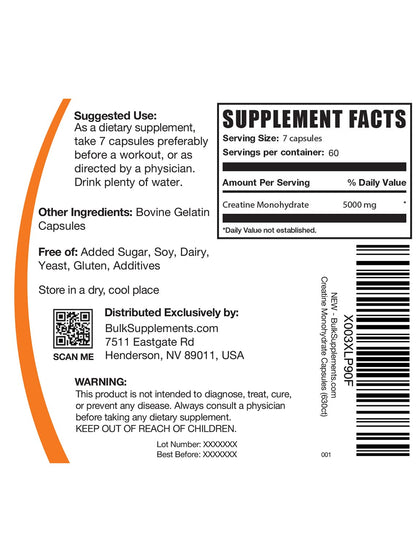BulkSupplements.com Creatine Monohydrate Capsules - Micronized Creatine Pills - Gluten Free, 7 Capsules per Serving BulkSupplements