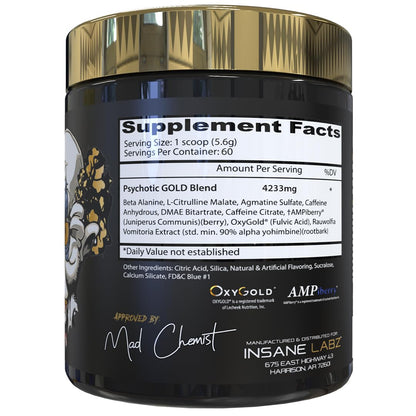 Insane Labz Psychotic Gold, High Stimulant Pre Workout Powder, Extreme Lasting Energy Focus, Pumps and Endurance with Beta Alanine, DMAE Bitartrate, NO Booster (35 Servings, Watermelon)