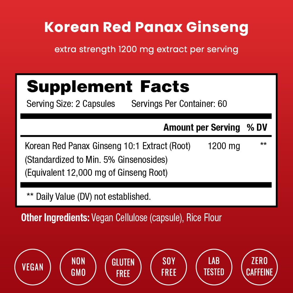 NutraChamps Korean Red Panax Ginseng Capsules | Extra Strength Ginsenosides for Energy, Focus, Performance, Vitality & Immune Support NutraChamps