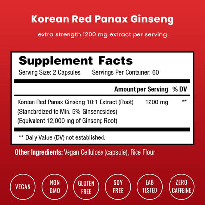 NutraChamps Korean Red Panax Ginseng Capsules | Extra Strength Ginsenosides for Energy, Focus, Performance, Vitality & Immune Support NutraChamps