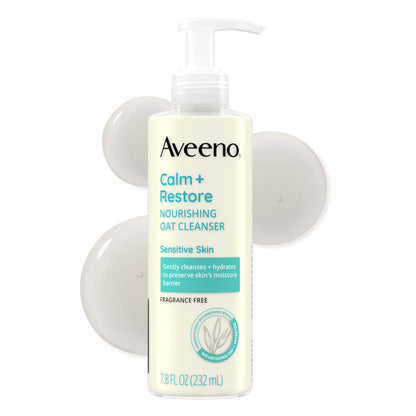 Aveeno Calm + Restore Nourishing Oat Face Cleanser, Daily Hydrating Facial Cleanser for Sensitive Skin with Nourishing Oat & Feverfew, Hypoallergenic, Non-Comedogenic, Fragrance-Free, 7.8 Fl Oz Aveeno
